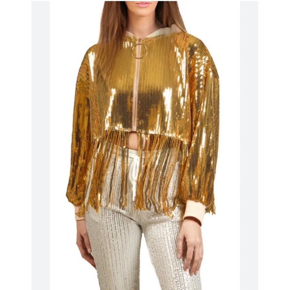 Nikki Lund Cherilyn Gold Sequin Fringe‎ Bomber Jacket Zip Up Metallic XL *READ*